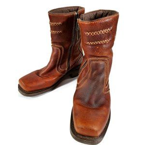 Milwaukee Womens Western Cowboy Boots Brown Leather Mid Calf Low Heel Zip Up 7